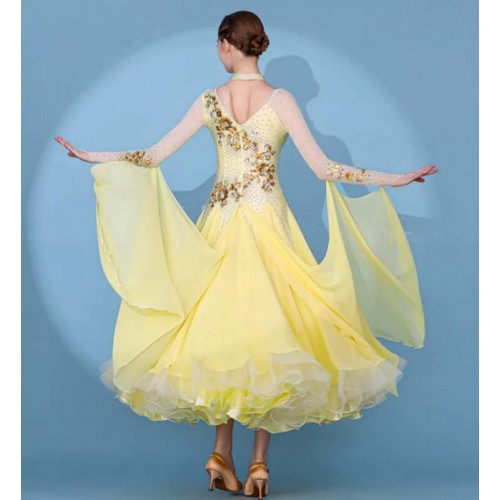 Customized size light yellow competition ballroom dance dresses for women girls bling gemstones waltz tango foxtrot smooth dance long gown for female